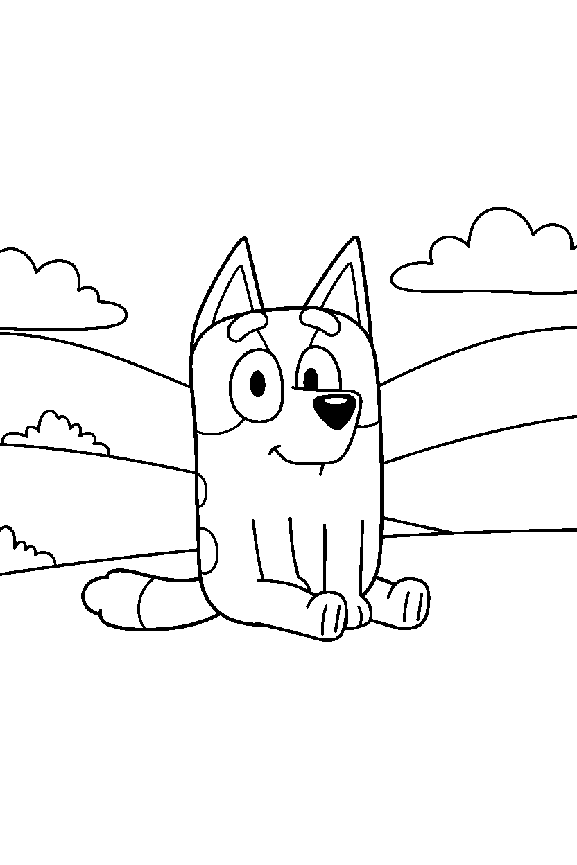 bingo heeler from bluey tv series sitting calmly in rolling hills line art