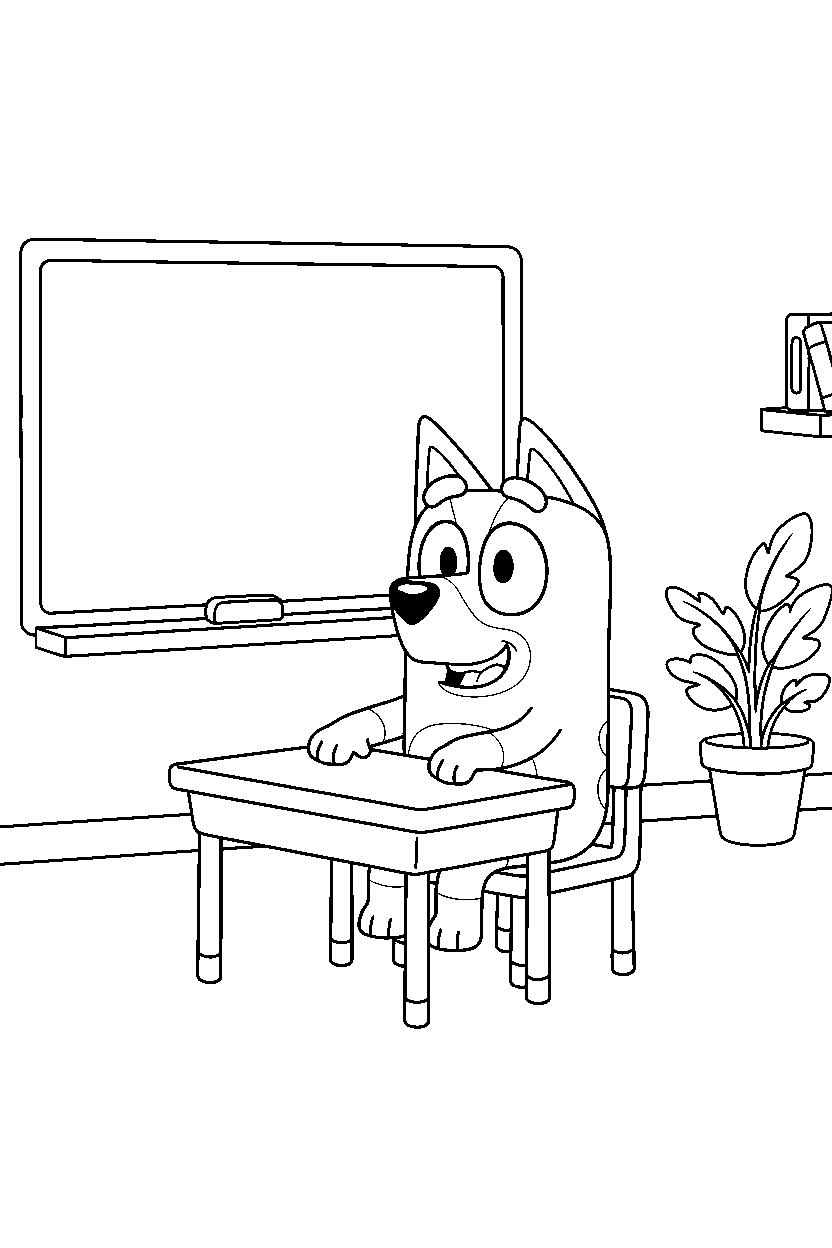 bingo heeler from bluey tv series sitting happily in a simple classroom line art