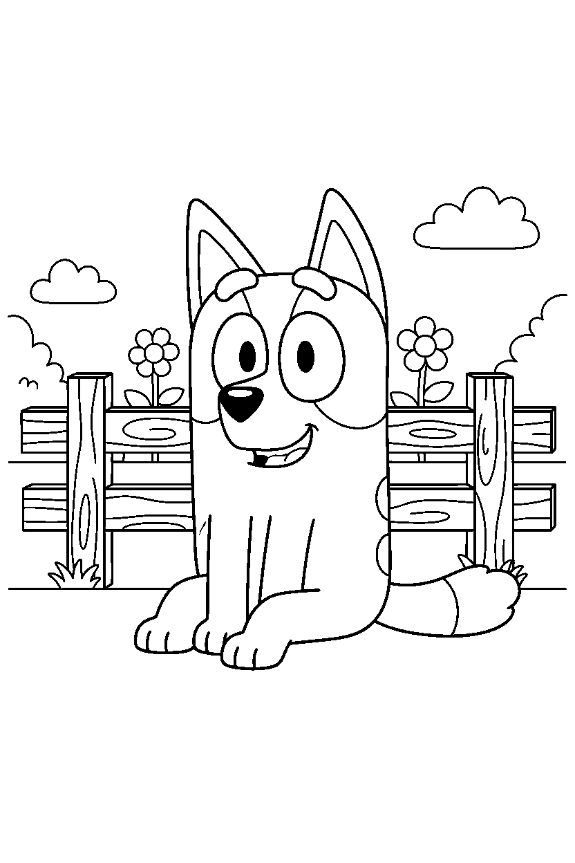 bingo heeler from bluey tv series sitting happily in front of a wooden fence line art