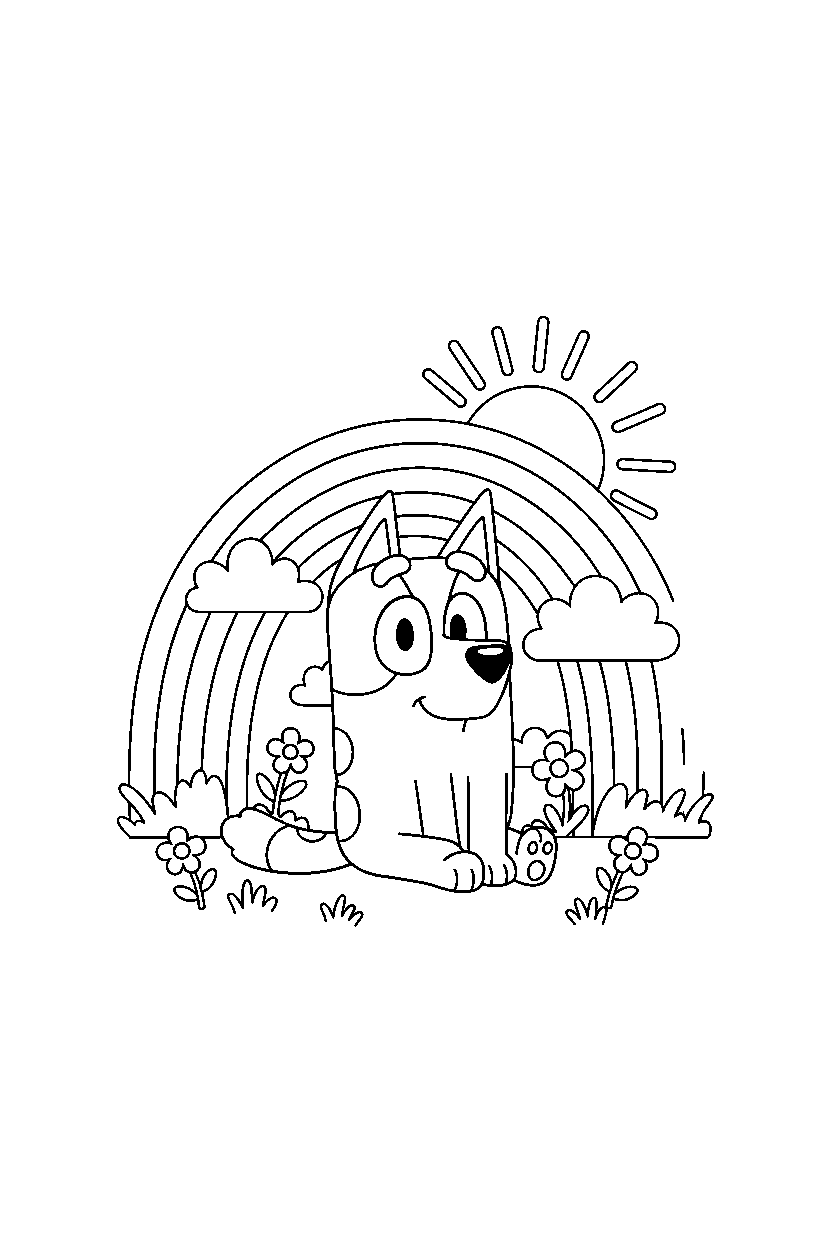 bingo heeler from bluey tv series sitting happily under a rainbow in the sky line art