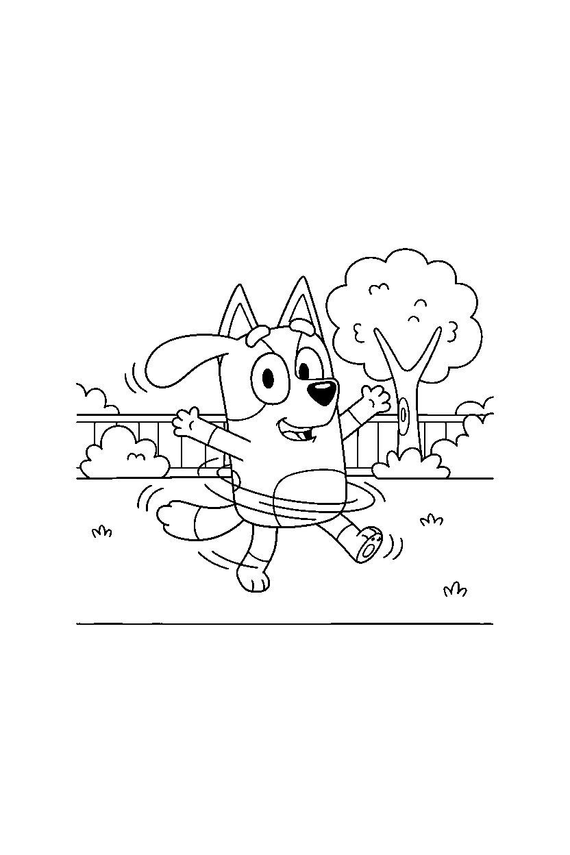 bingo heeler from bluey tv series spinning happily in a simple backyard line art