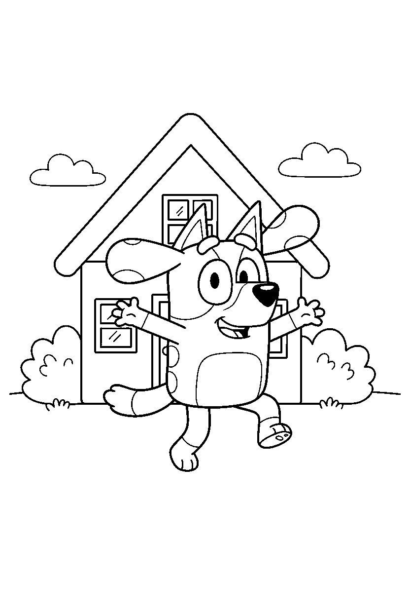bingo heeler from bluey tv series spinning happily in front of a simple house line art
