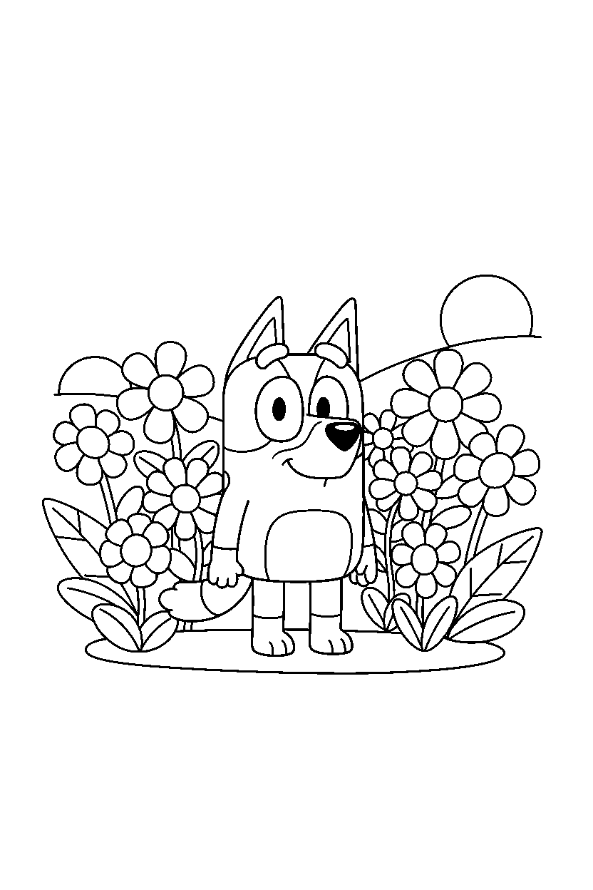 bingo heeler from bluey tv series standing and smiling in a flower garden line art