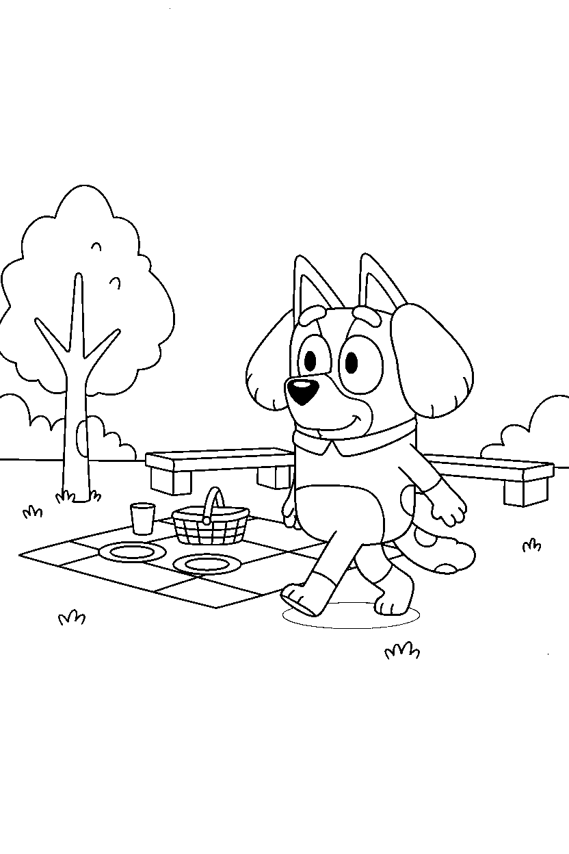 bingo heeler from bluey tv series walking gently at a simple picnic area line art
