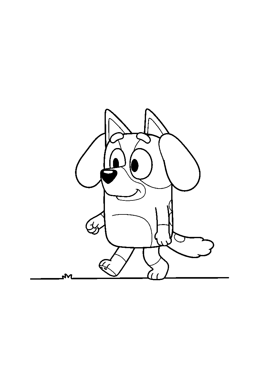 bingo heeler from bluey tv series walking gently on a blank background with a ground line line art