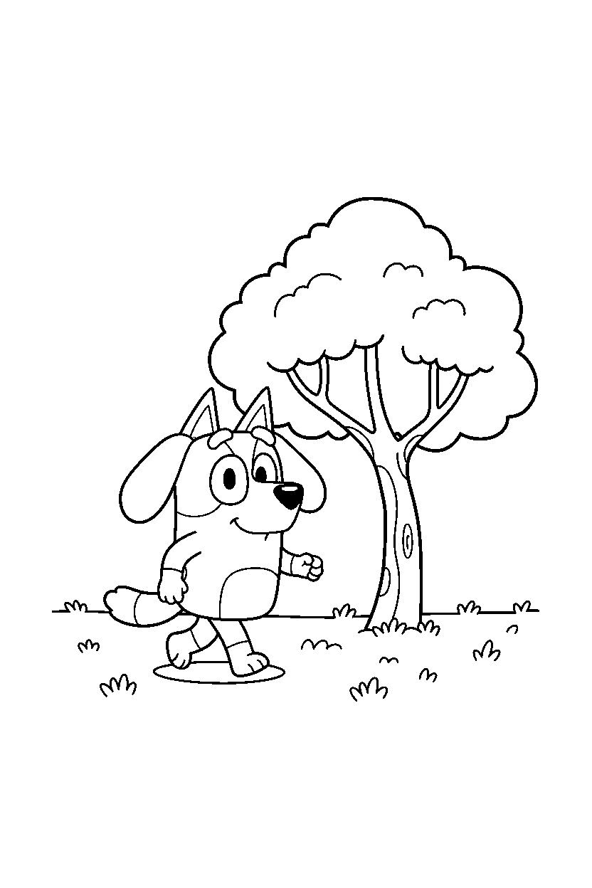 bingo heeler from bluey tv series walking happily near a tree with open grass line art