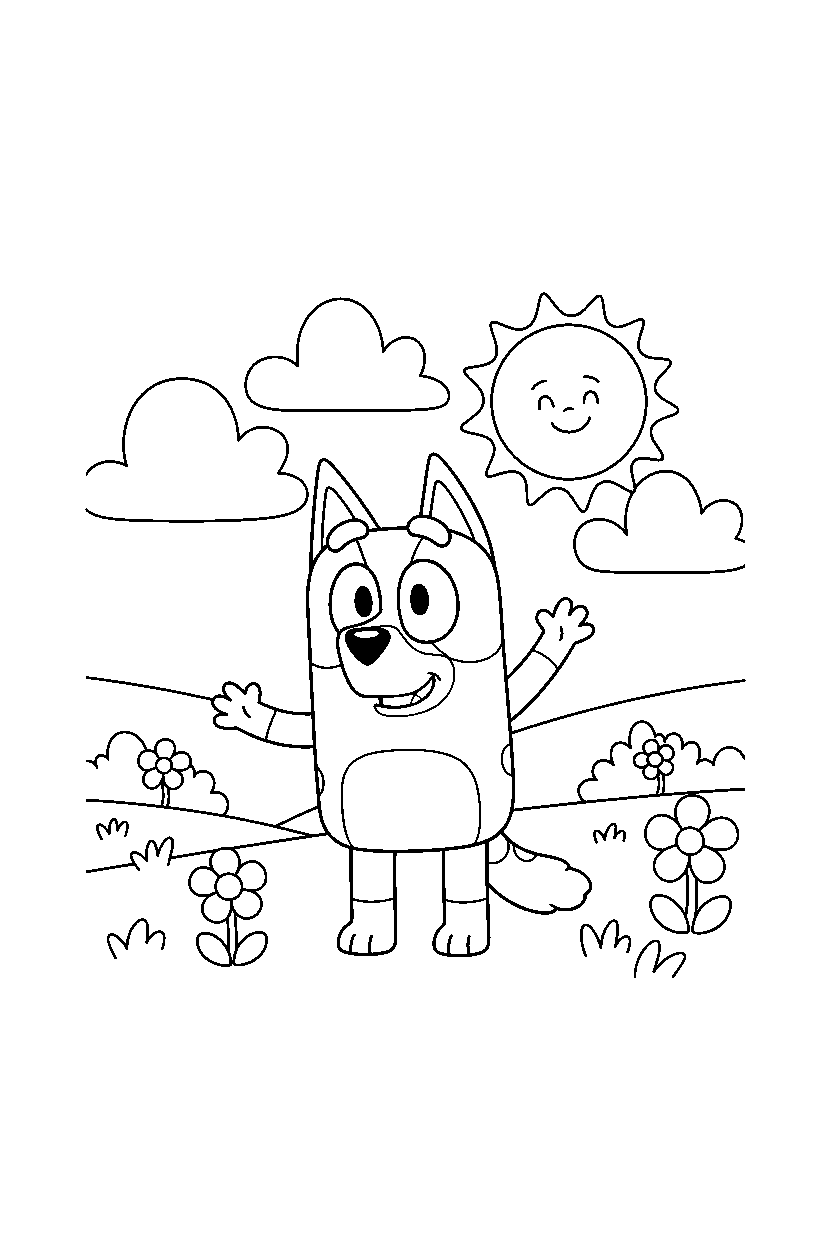 bingo heeler from bluey tv series waving happily in a sunny field line art