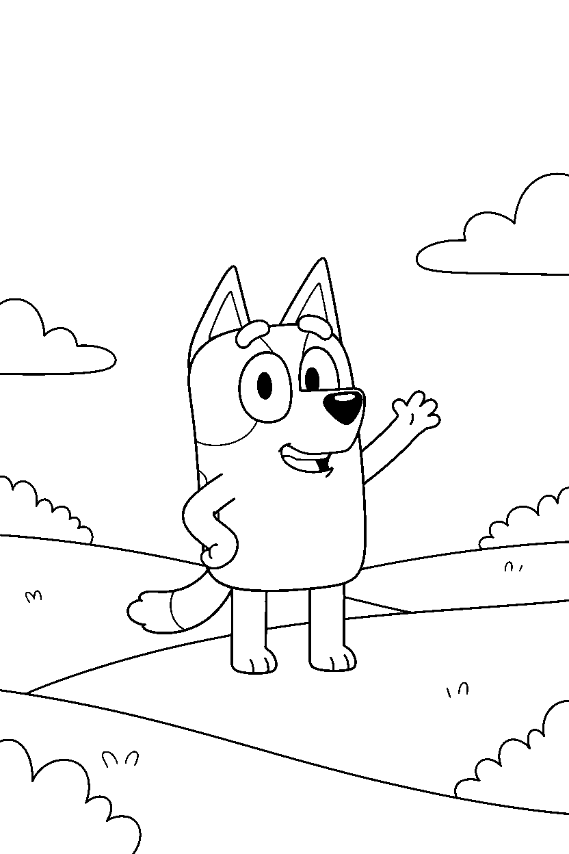 bingo heeler from bluey tv series waving happily in rolling hills line art