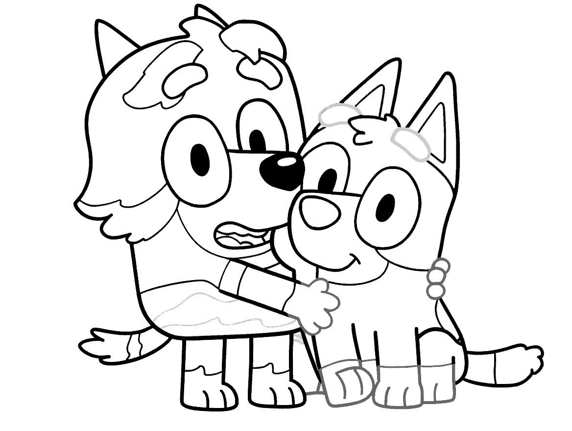 bluey and mackenzie hugging line art