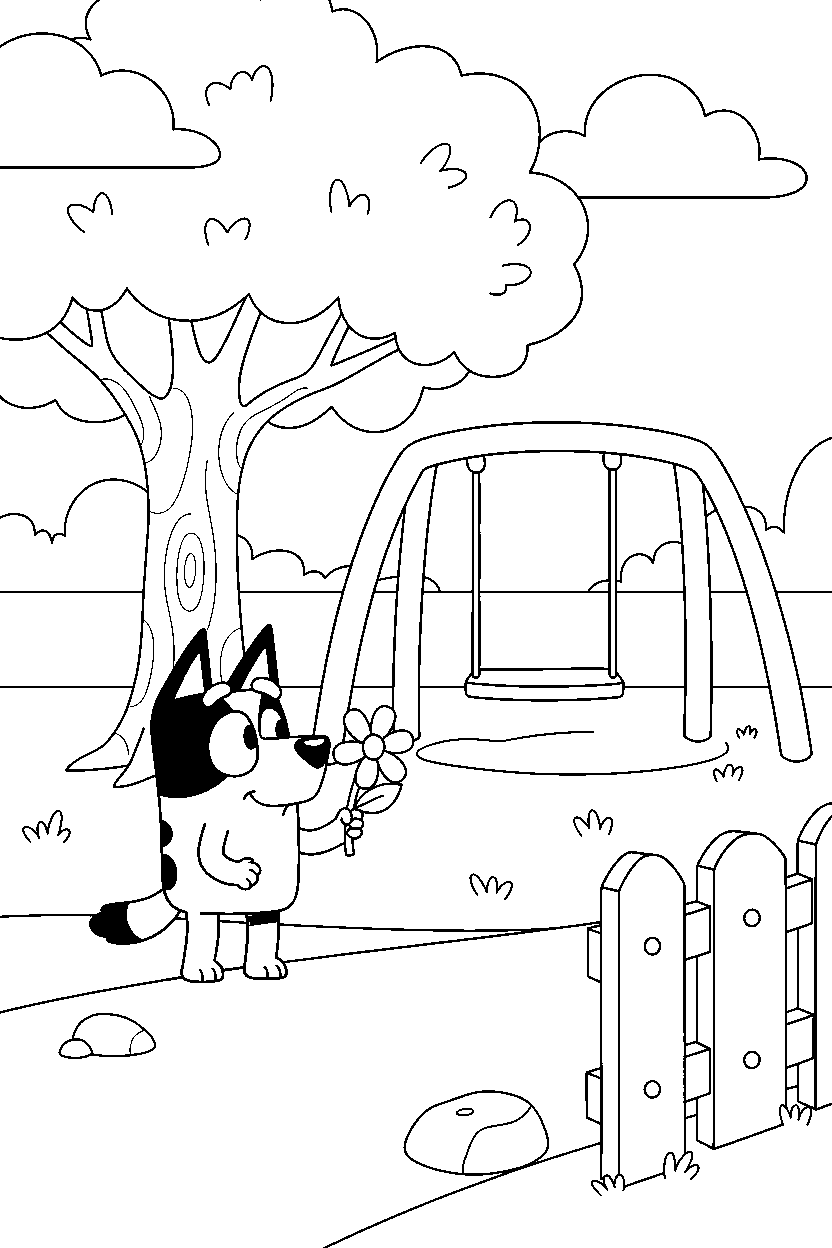 bluey exploring in park line art