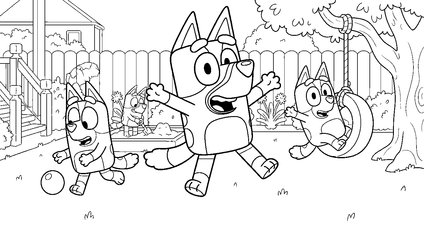 bluey family backyard fun line art