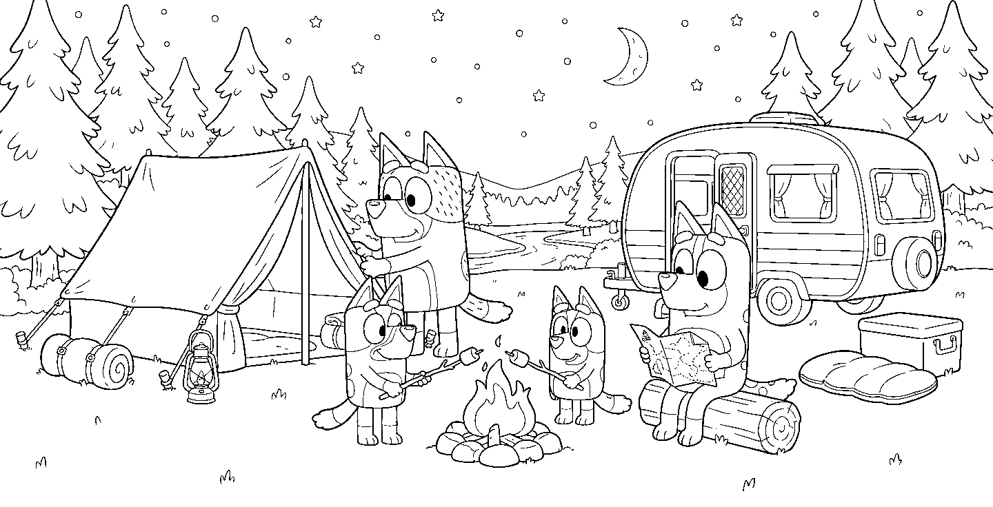 bluey family camping trip line art