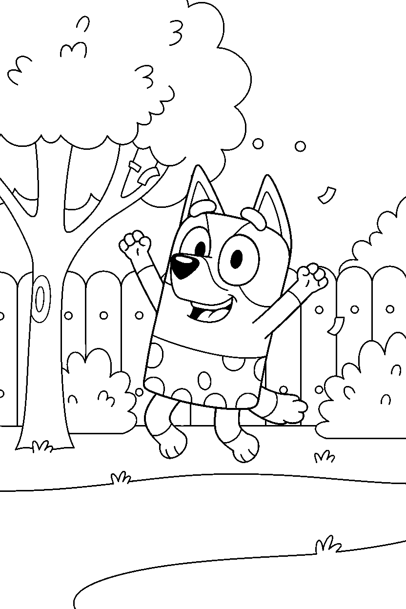 bluey heeler celebrating happily in a simple backyard line art