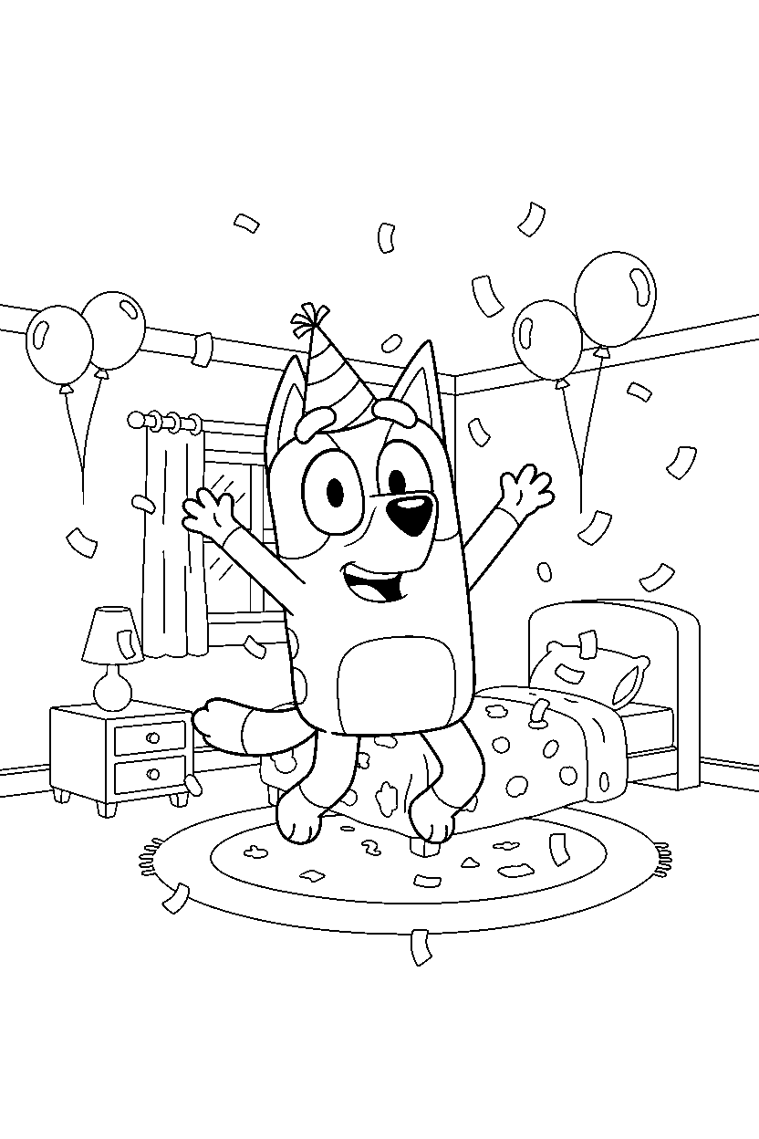 bluey heeler celebrating happily in a simple bedroom line art