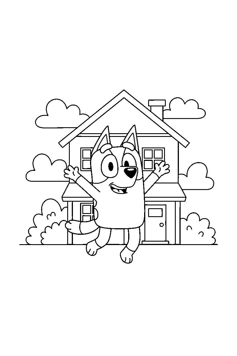 bluey heeler celebrating happily in front of a simple house line art