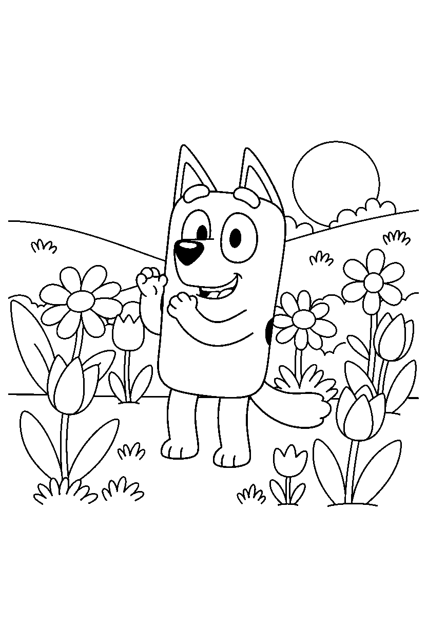 bluey heeler clapping happily in a flower garden line art