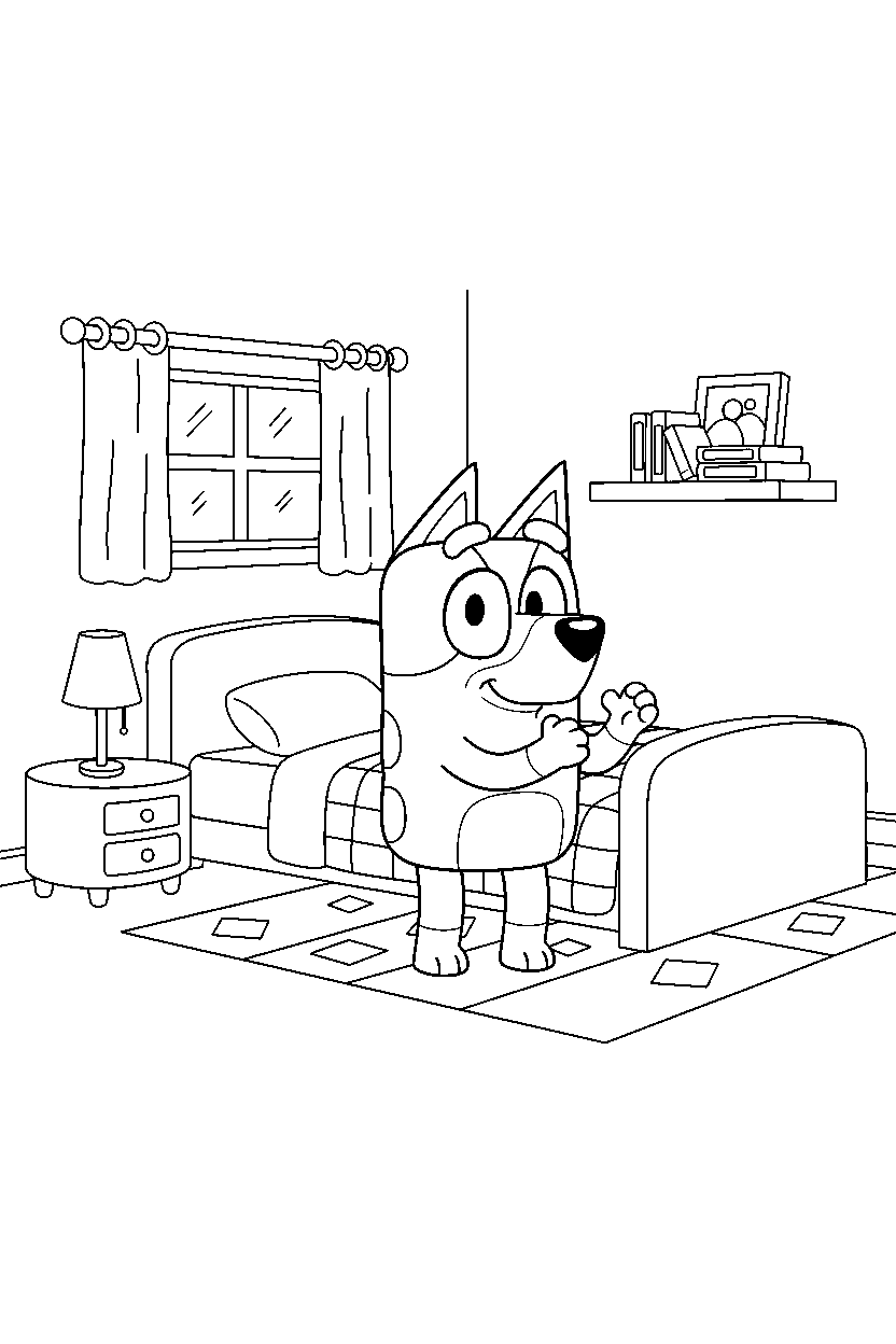 bluey heeler clapping happily in a simple bedroom line art