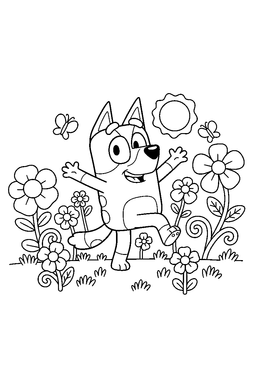 bluey heeler dancing happily in a flower garden line art
