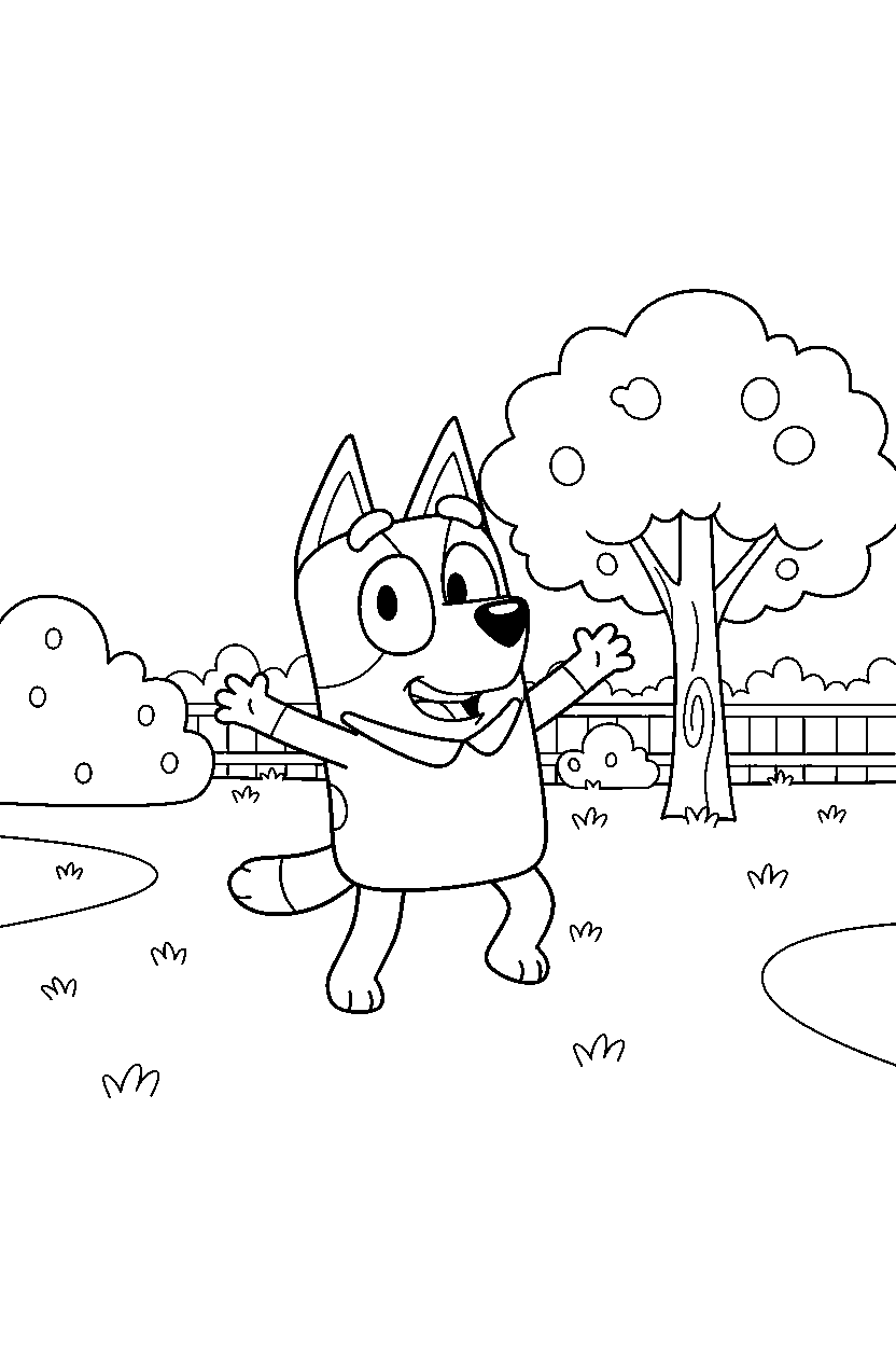 bluey heeler dancing happily in a grassy park line art