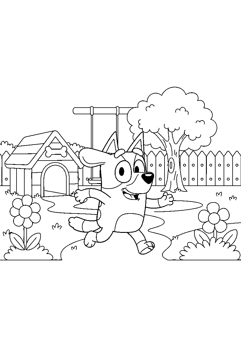 bluey heeler exploring happily in a simple backyard line art