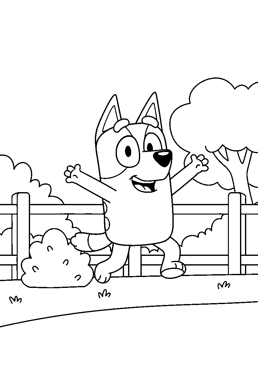 bluey heeler jumping happily in a simple backyard line art