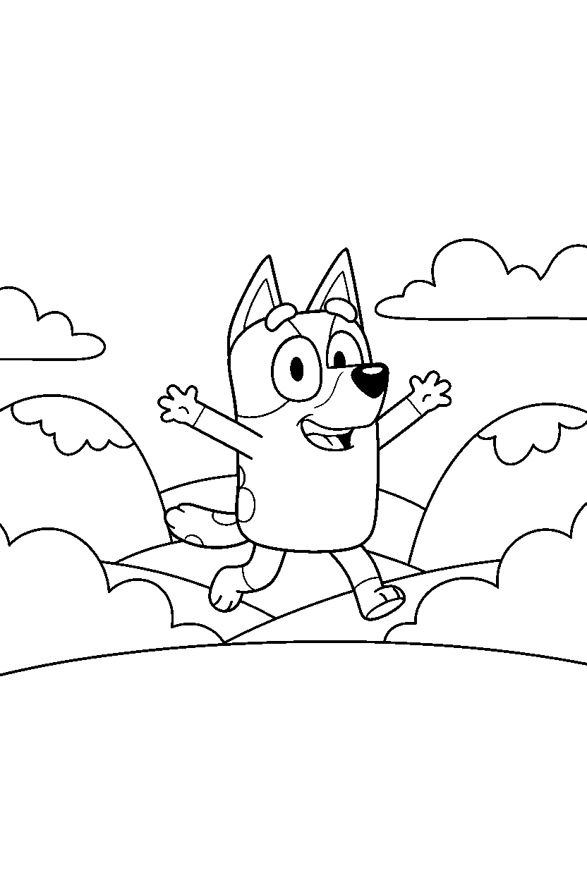 bluey heeler jumping happily in rolling hills line art