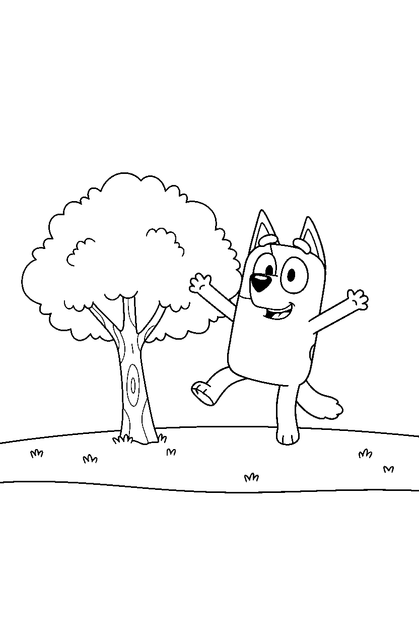 bluey heeler jumping happily near a tree with open grass line art