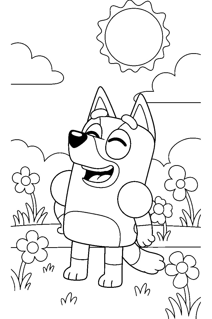 bluey heeler laughing happily in a sunny field line art
