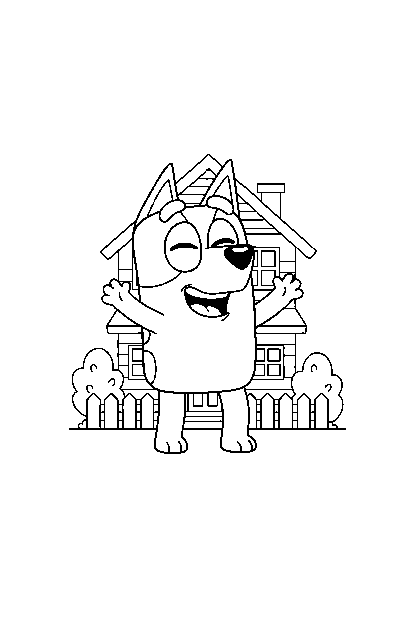 bluey heeler laughing happily in front of a simple house line art