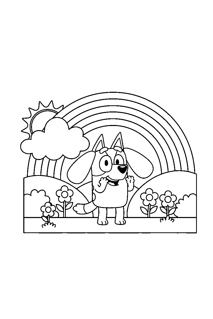 bluey heeler laughing happily under a rainbow in the sky line art