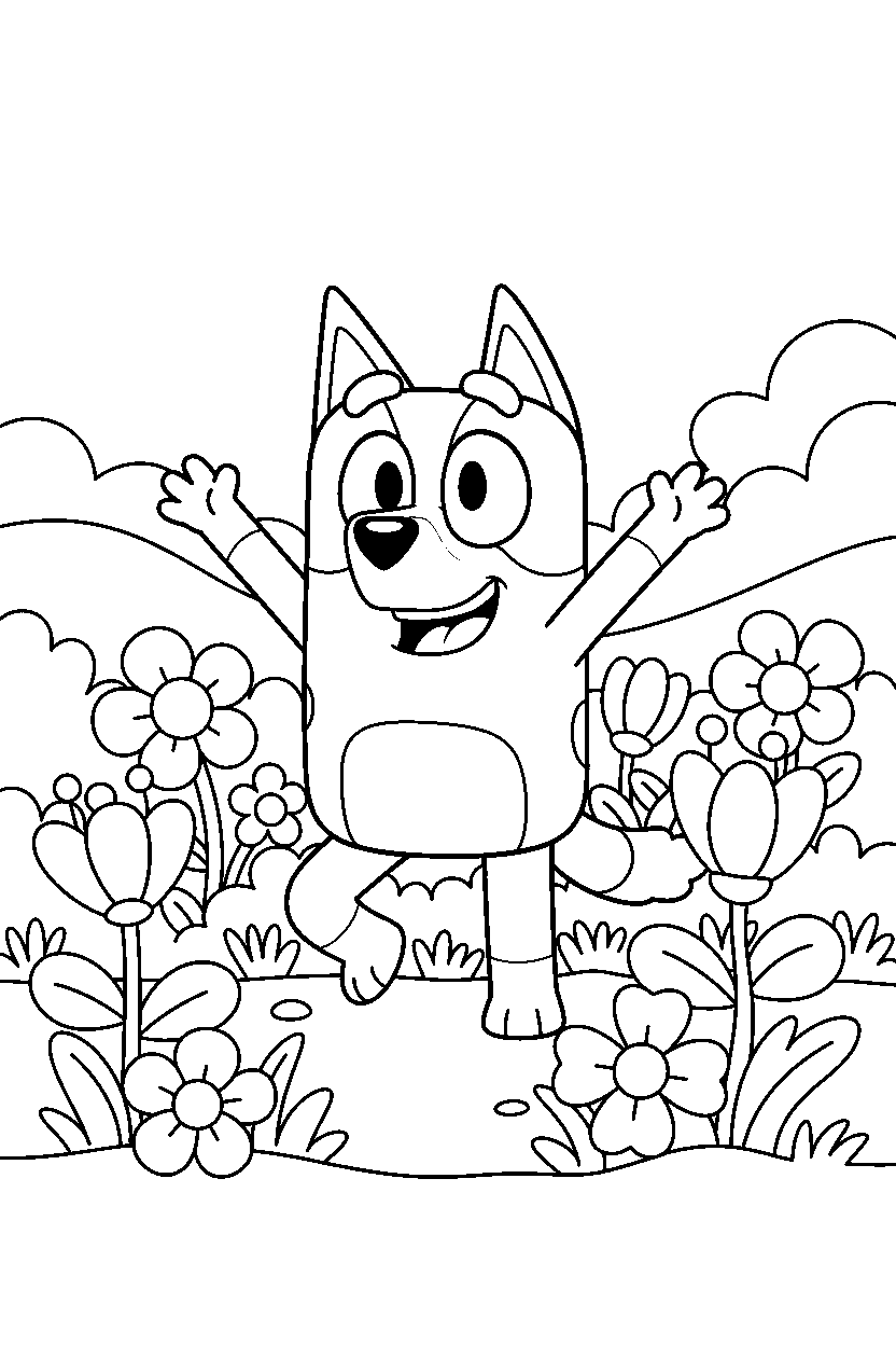 bluey heeler looking excited in a flower garden line art