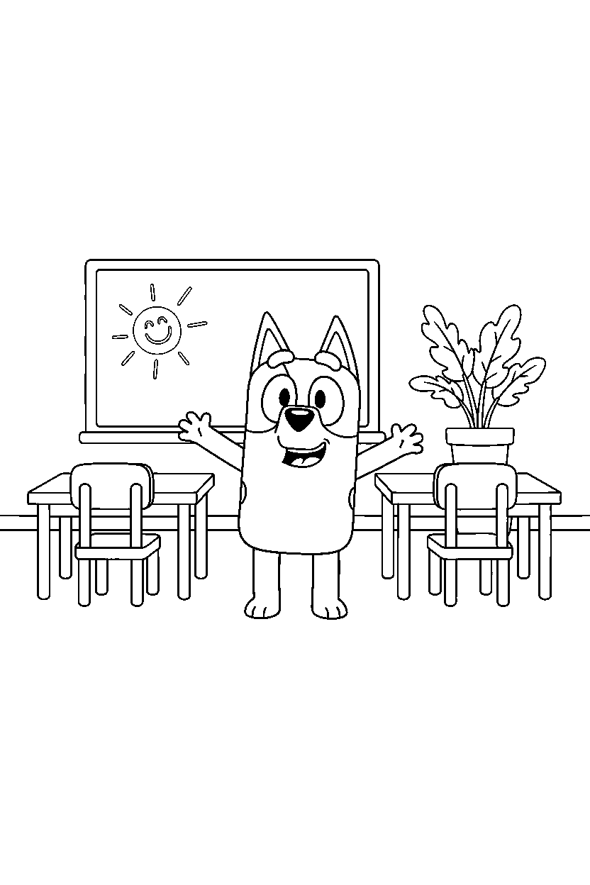 bluey heeler looking excited in a simple classroom line art