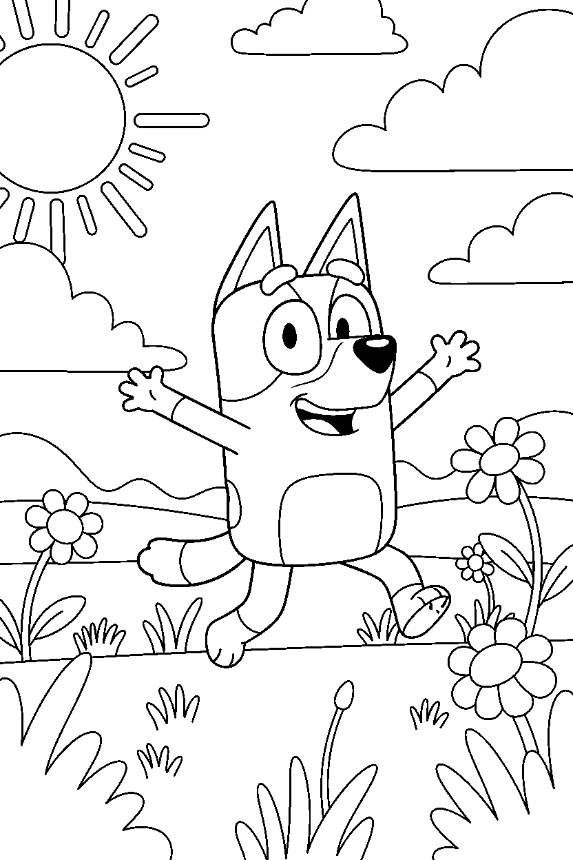bluey heeler looking excited in a sunny field line art