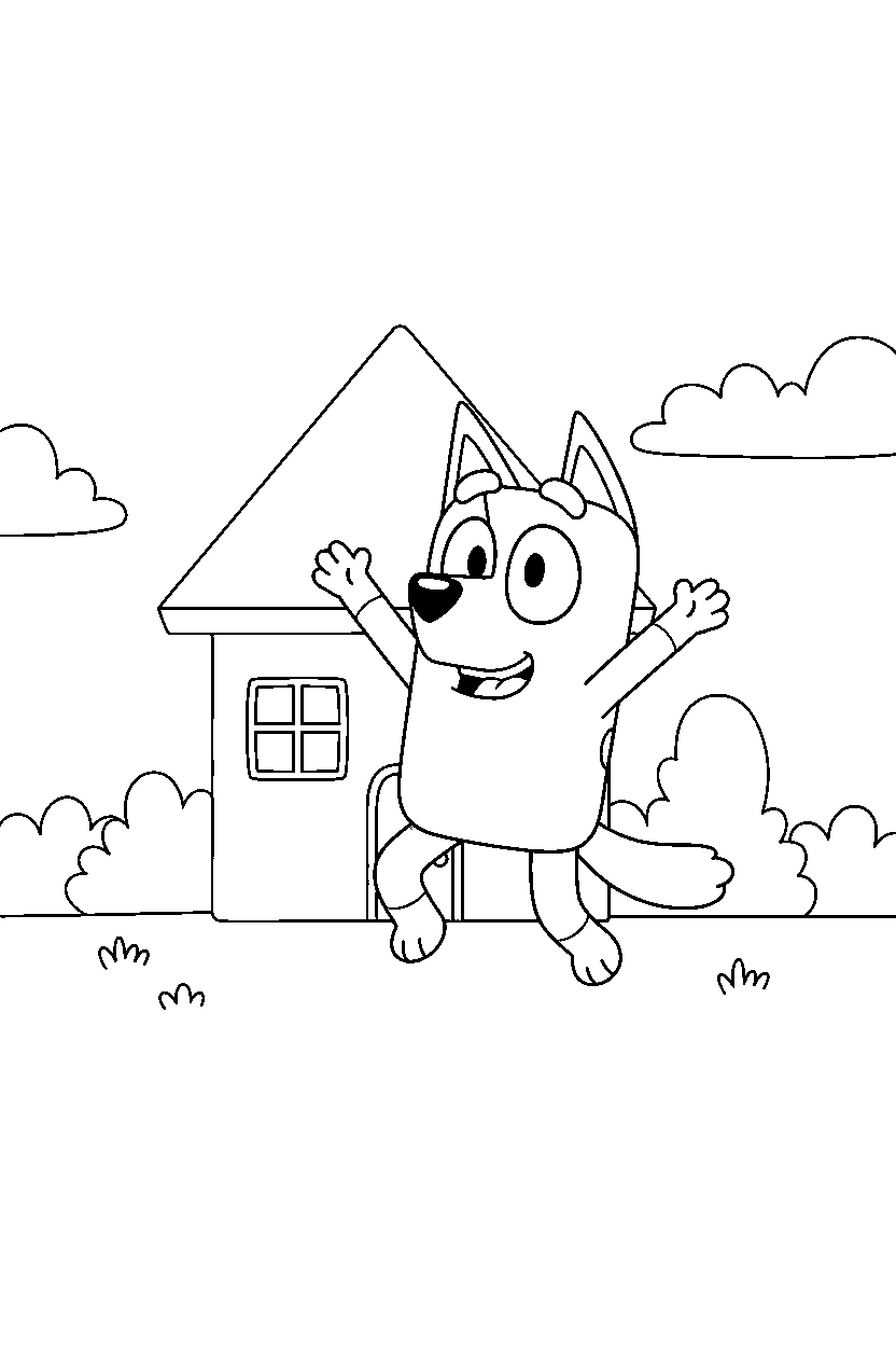 bluey heeler looking excited in front of a simple house line art