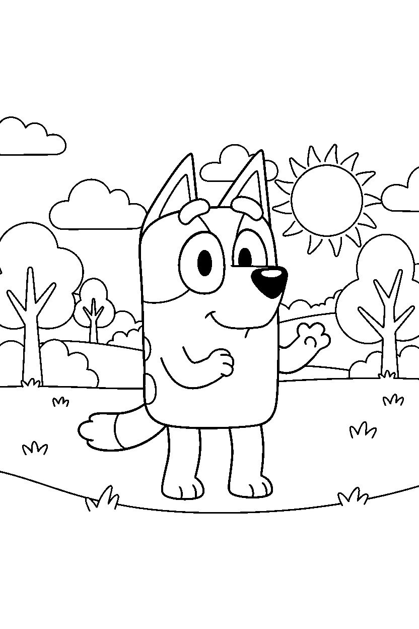 bluey heeler looking happy in a grassy park line art