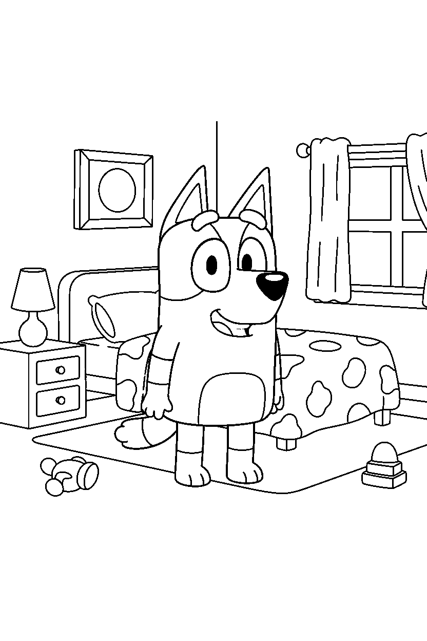 bluey heeler looking happy in a simple bedroom line art