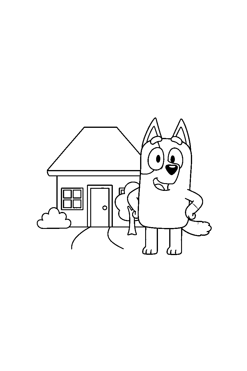 bluey heeler looking happy in front of a simple house line art