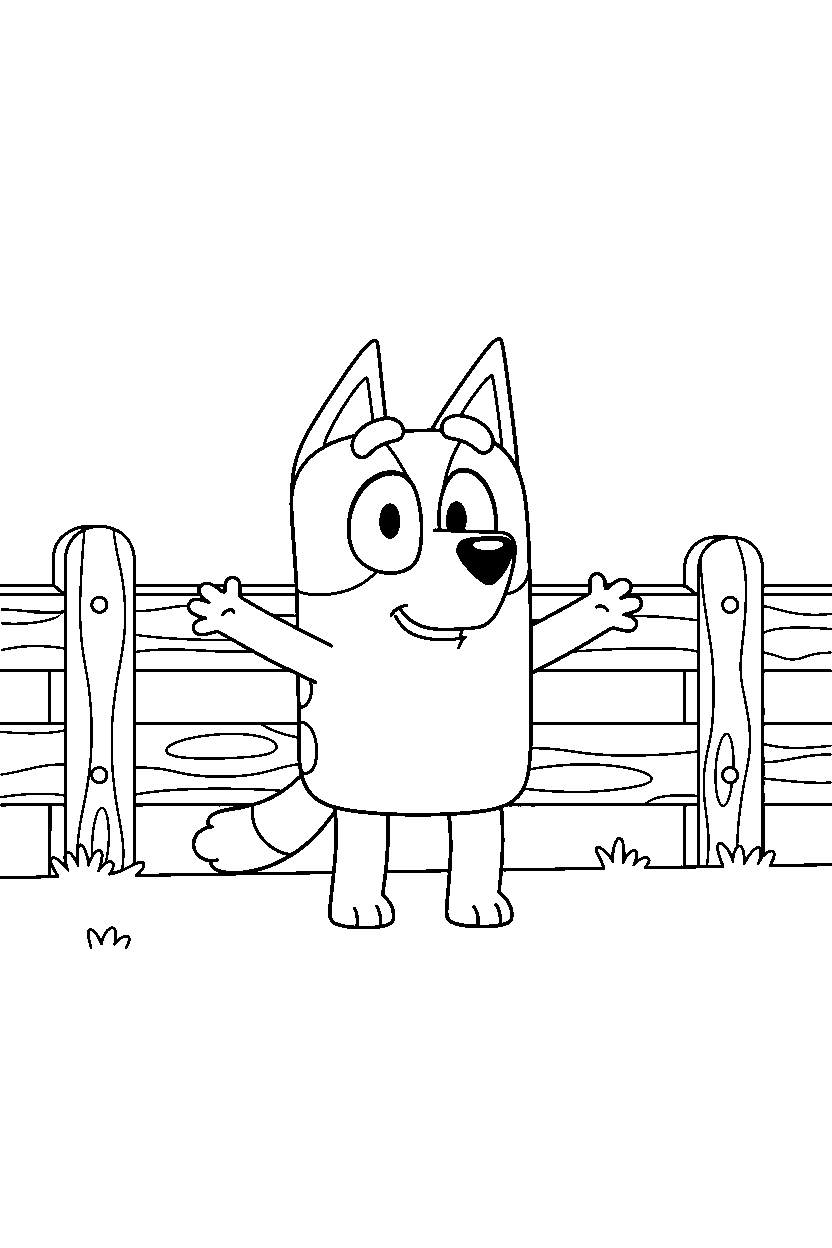 bluey heeler looking happy in front of a wooden fence line art