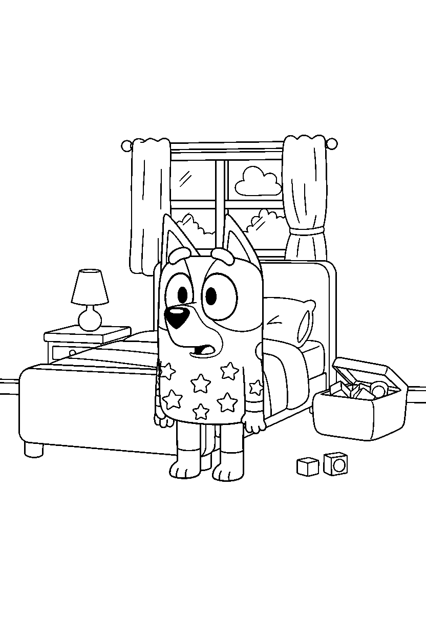bluey heeler looking surprised in a simple bedroom line art