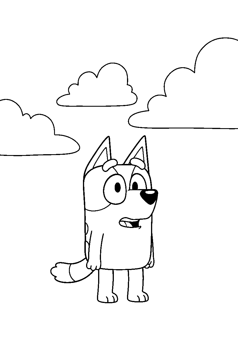 bluey heeler looking surprised under a cloudy sky line art