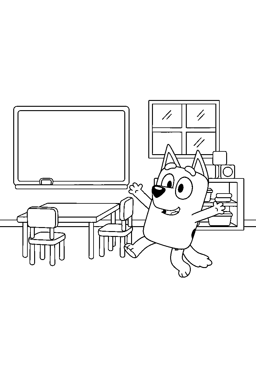 bluey heeler playing happily in a simple classroom line art