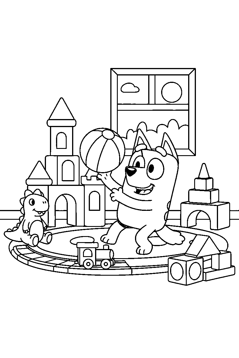 bluey heeler playing happily in a toy room line art