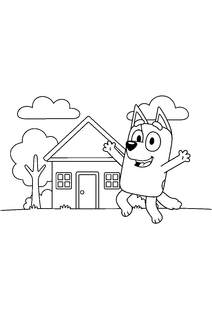 bluey heeler playing happily in front of a simple house line art