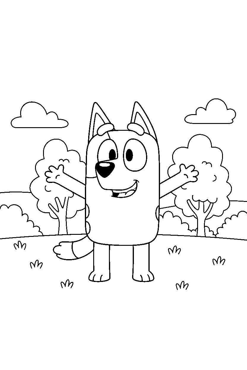 bluey heeler posing happily in a grassy park line art