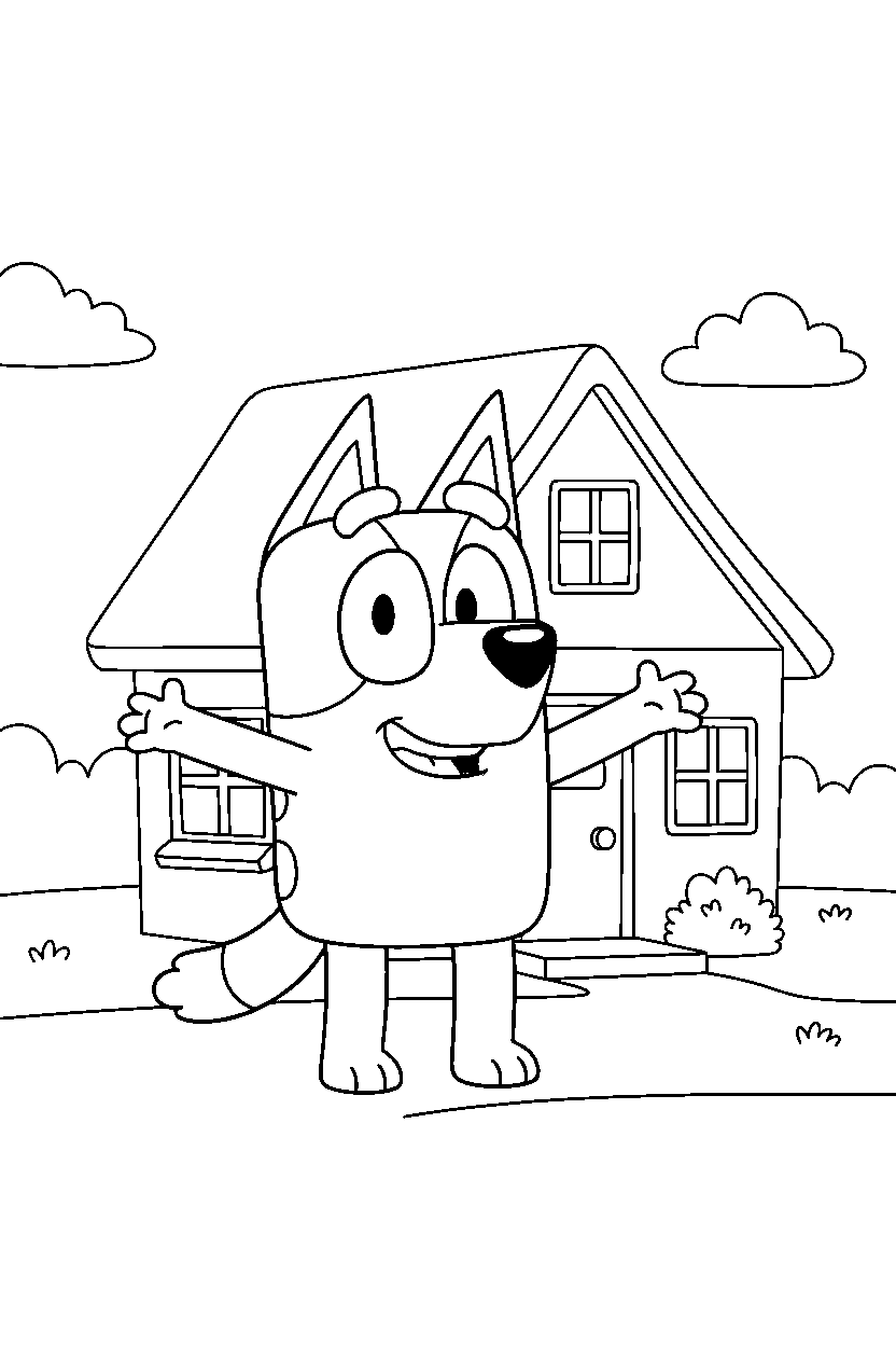 bluey heeler posing happily in front of a simple house line art