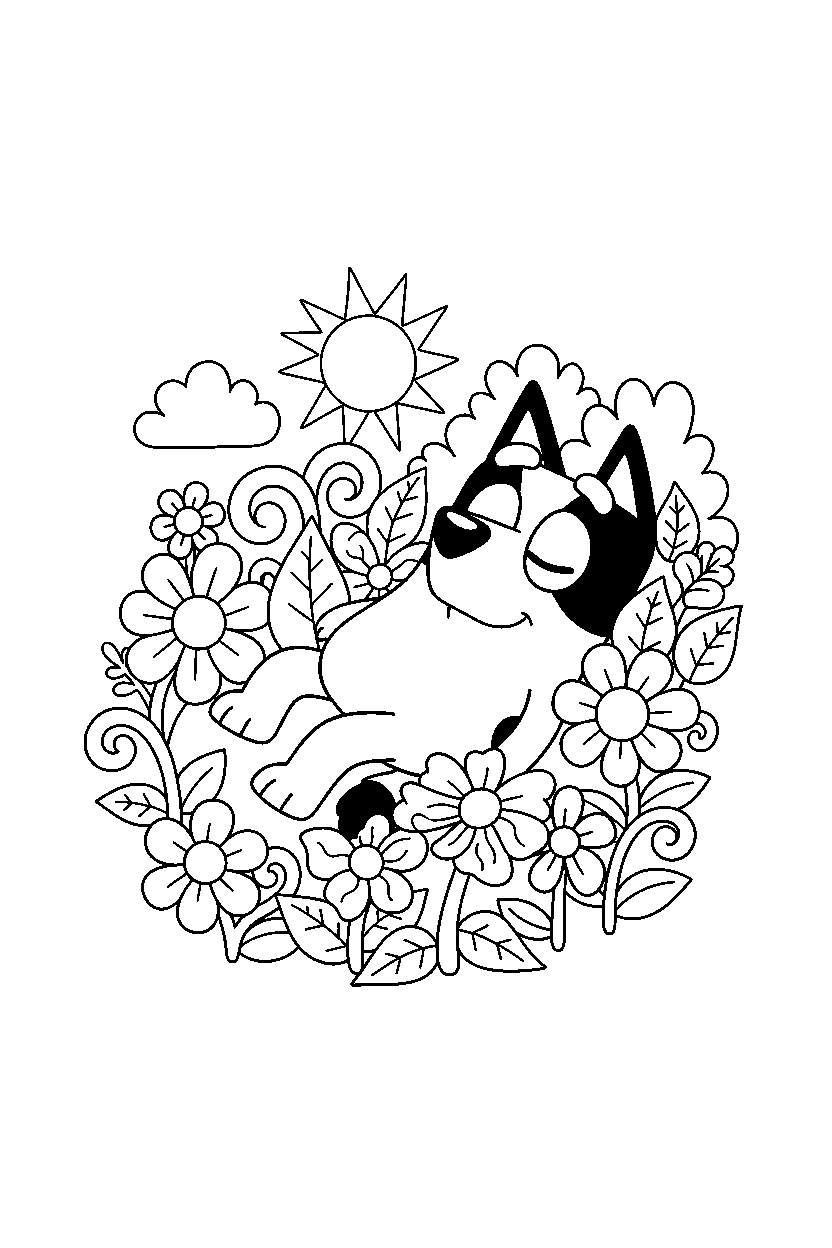 bluey heeler resting peacefully in a flower garden line art