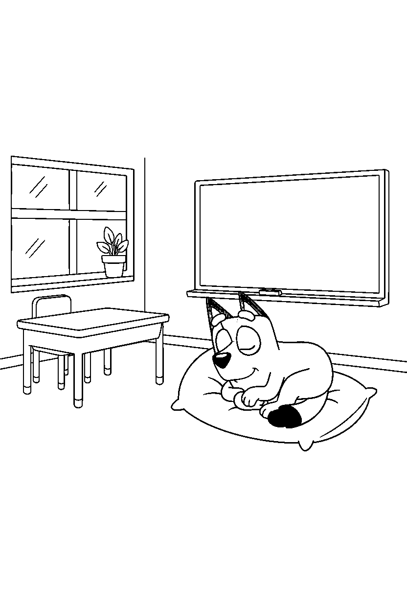 bluey heeler resting peacefully in a simple classroom line art