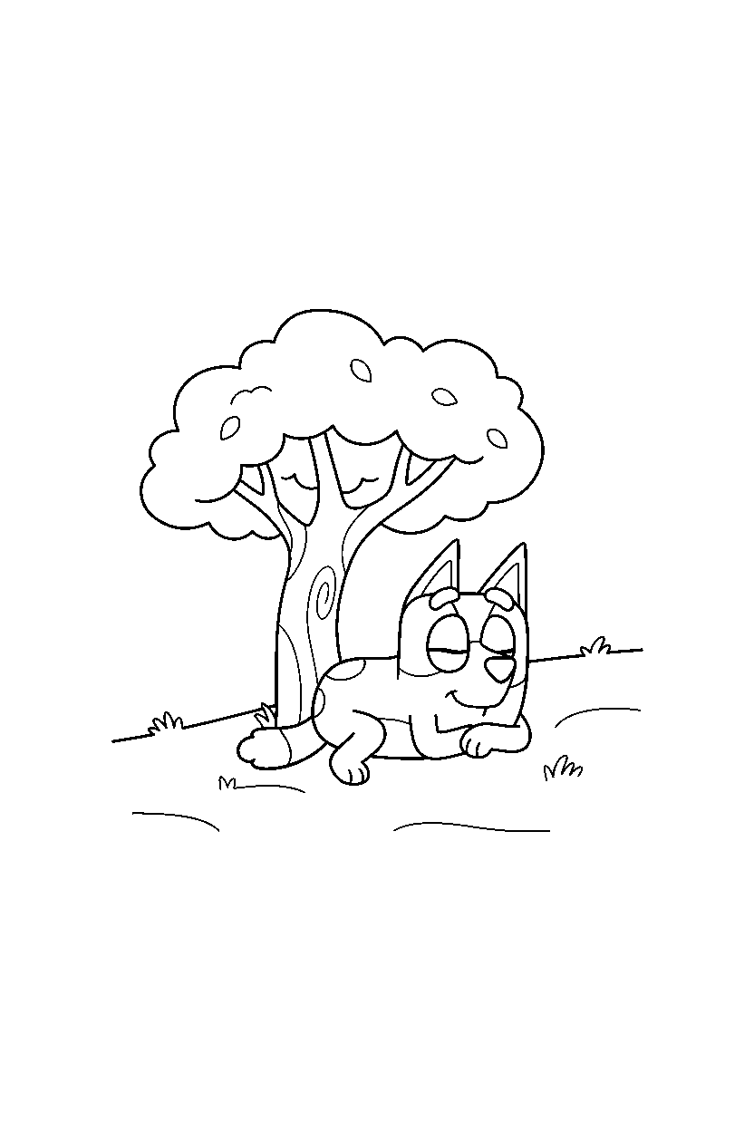 bluey heeler resting peacefully near a tree with open grass line art