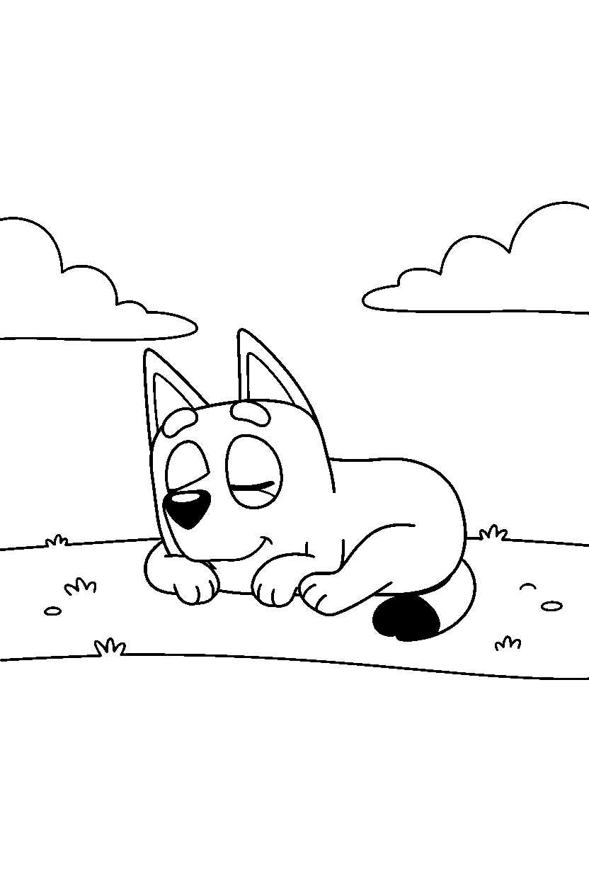 bluey heeler resting peacefully under a cloudy sky line art