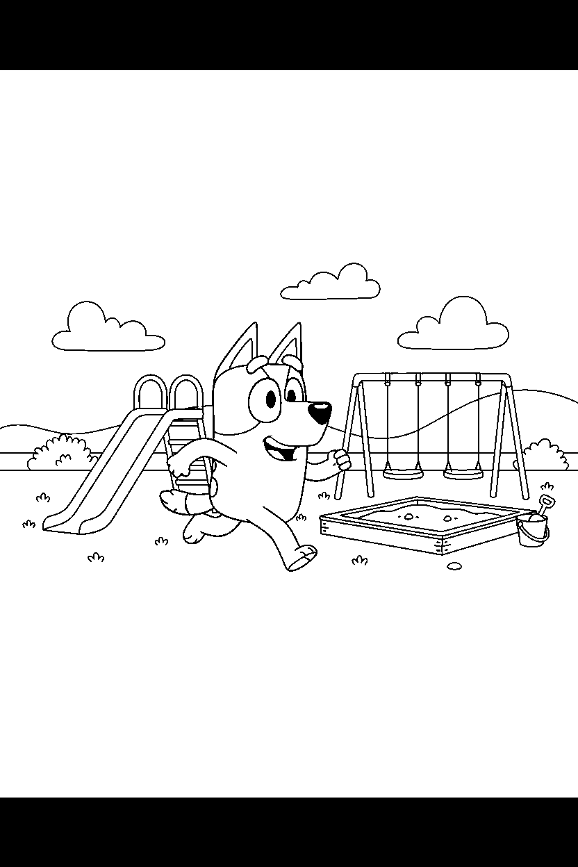 bluey heeler running happily at a simple playground line art